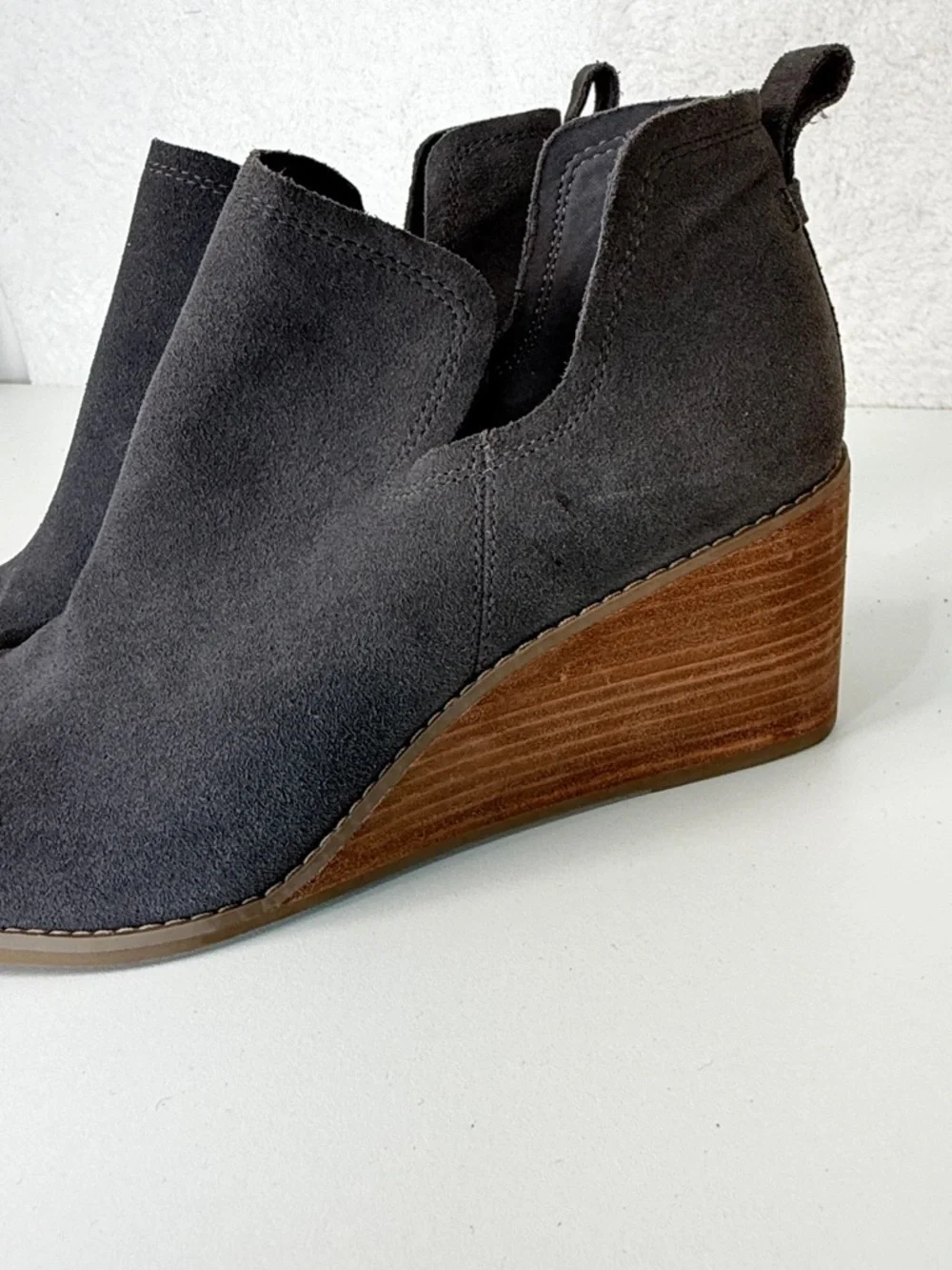 TOMS Gray Suede Wedge Booties Womens 11 Cutout Ankle Boots comfort stylish wedge